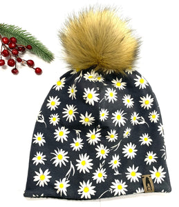 Fleece Lined Pompom Hat - Navy  & Daisy Flowers