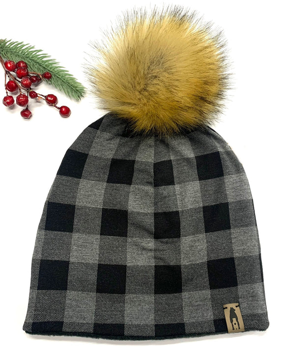 Fleece Lined Pompom Hat - Heather Grey Plaid