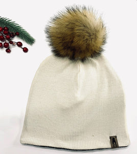 Fleece Lined Pompom Hat - Natural Ribbed