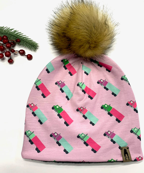 Fleece Lined Pompom Hat - Pink Trucker