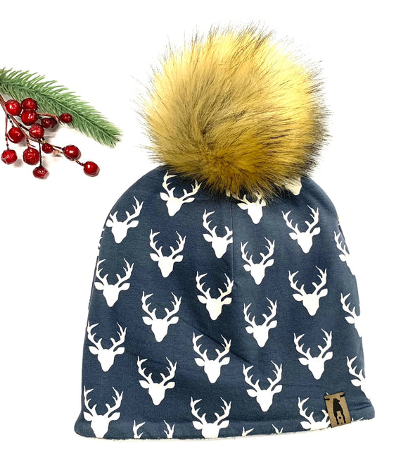 Fleece Lined Pompom Hat - Twilight Blue with Tiny Bucks