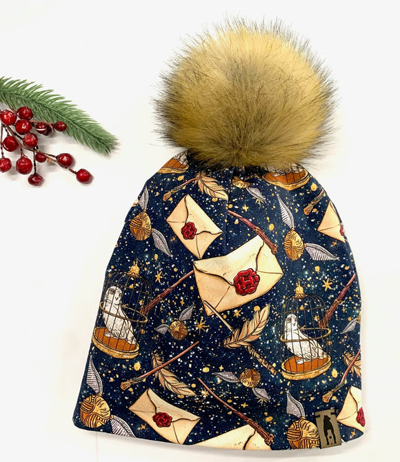 Fleece Lined Pompom Hat - Wizard & Letter Starry Sky