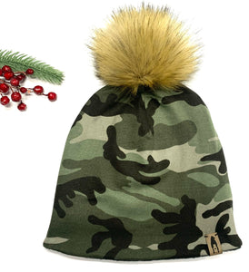 Fleece Lined Pompom Hat - Green Camo