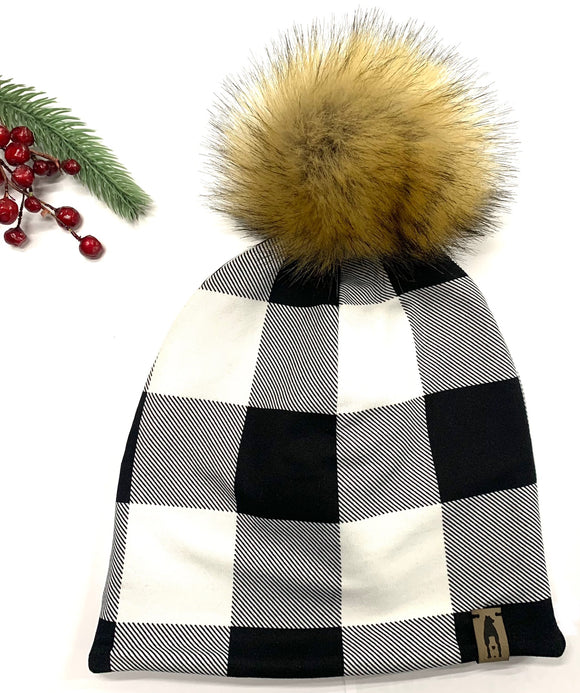 Fleece Lined Pompom Hat - Ivory Plaid