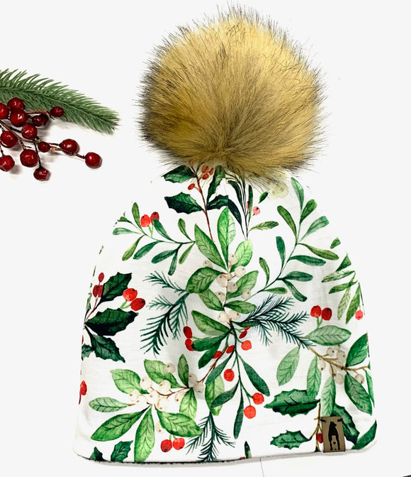 Fleece Lined Pompom Hat - Mistletoe & Holly