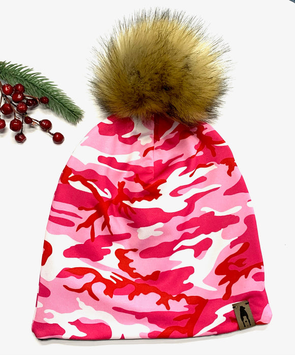 Fleece Lined Pompom Hat - Pink Woodland Camo