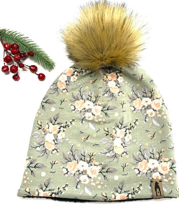 Fleece Lined Pompom Hat - Flowers on Green