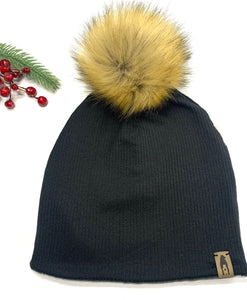 Fleece Lined Pompom Hat - Black Ribbed