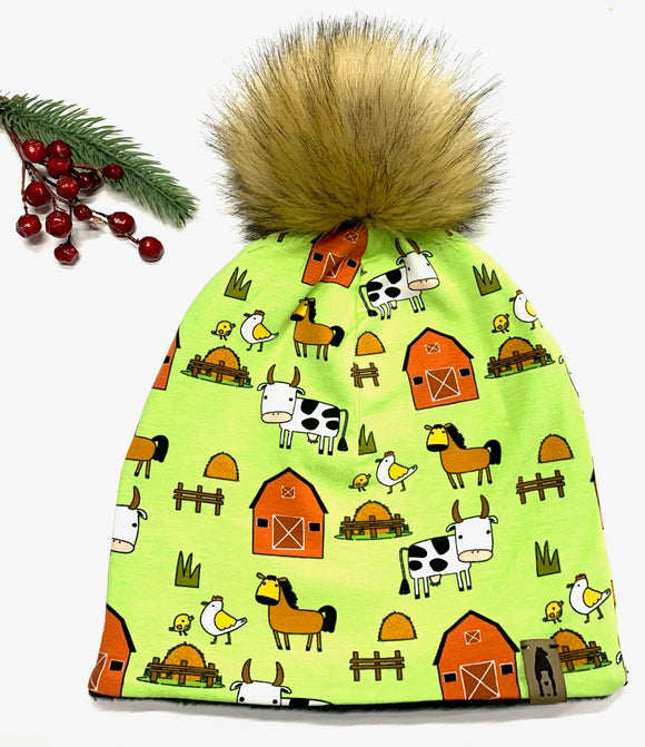 Fleece Lined Pompom Hat - Farm Scene