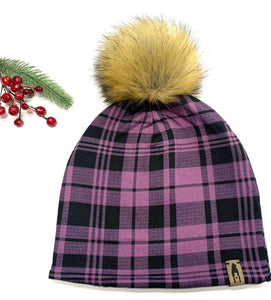 Fleece Lined Pompom Hat - Purple Plaid