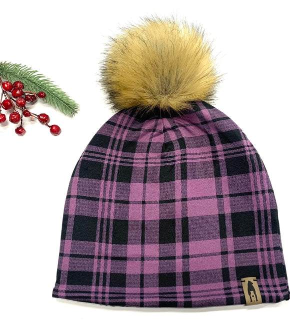 Fleece Lined Pompom Hat - Purple Plaid