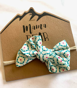 Oversized Bow with Nylon Band - White with Teal and Pink