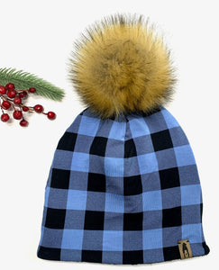 Fleece Lined Pompom Hat - Sky Blue Buffalo Plaid