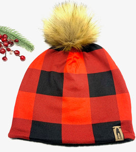 Fleece Lined Pompom Hat - Red Buffalo Plaid