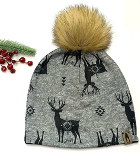 Fleece Lined Pompom Hat - Heather Grey Deer