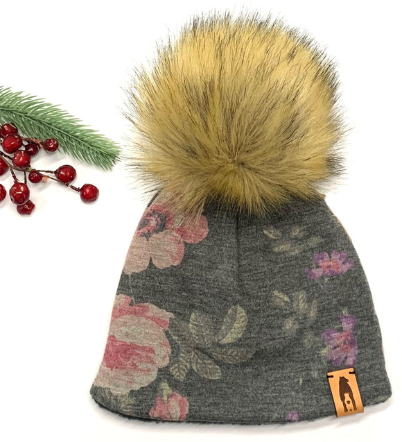 Fleece Lined Pompom Hat - Charcoal Floral