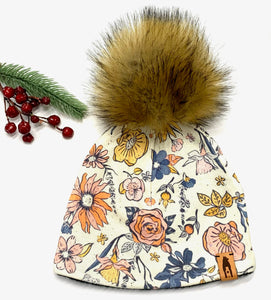 Fleece Lined Pompom Hat - Cream Floral