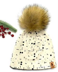 Fleece Lined Pompom Hat - Cream with Black Polka Dots