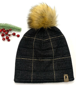 Fleece Lined Pompom Hat - Charcoal Pinstripe