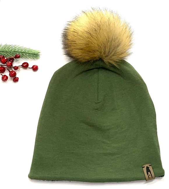 Fleece Lined Pompom Hat - Green