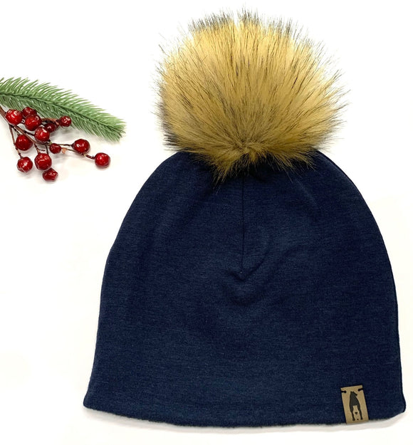 Fleece Lined Pompom Hat - Navy