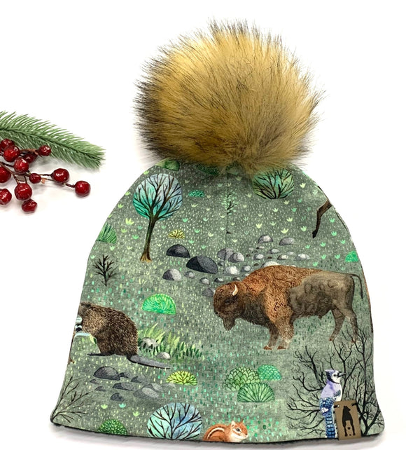 Fleece Lined Pompom Hat - Wildlife (PATTERN WILL VARY)