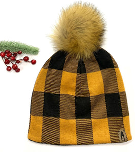 Fleece Lined Pompom Hat - Yellow Plaid