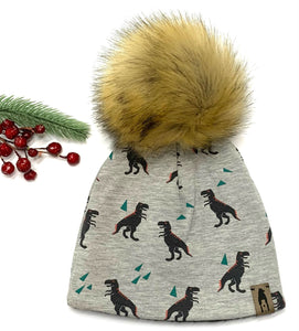 Fleece Lined Pompom Hat - Grey Dinos