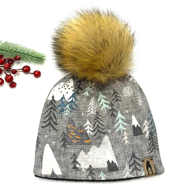 Fleece Lined Pompom Hat - Grey & Blue Trees