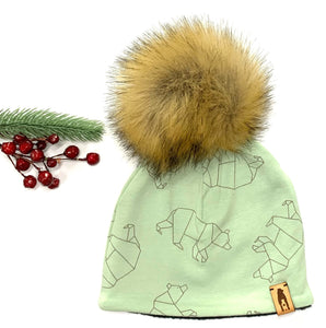 Fleece Lined Pompom Hat - Mint Geo Bears