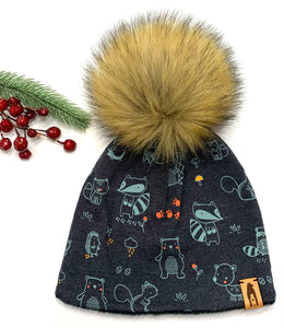 Fleece Lined Pompom Hat - Navy Animals