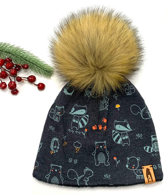 Fleece Lined Pompom Hat - Navy Animals