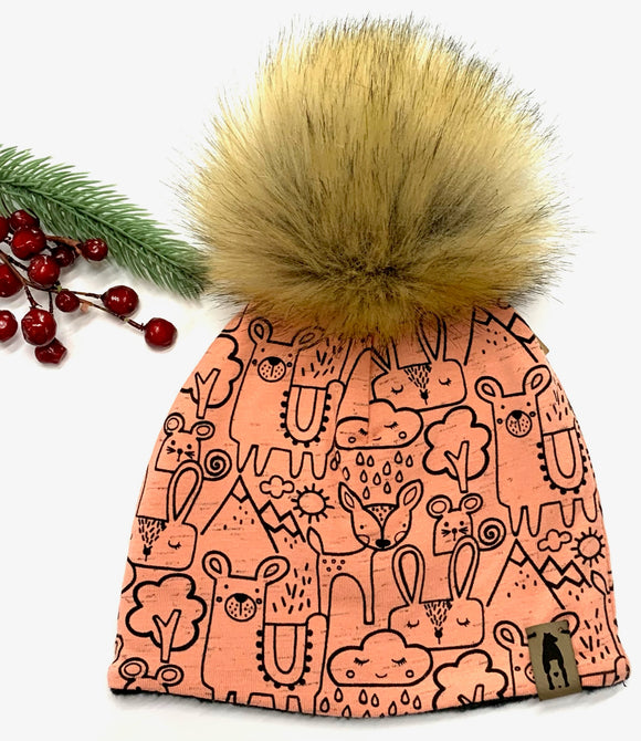 Fleece Lined Pompom Hat - Pink Animal Doodles