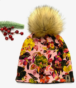 Fleece Lined Pompom Hat - Pink Floral