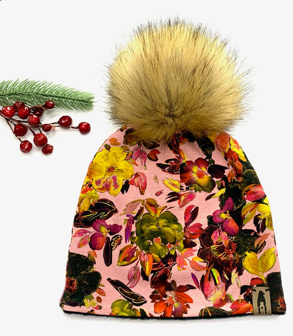 Fleece Lined Pompom Hat - Pink Floral