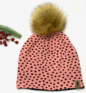 Fleece Lined Pompom Hat - Pink with Black Polka Dots