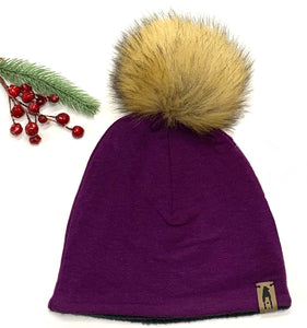 Fleece Lined Pompom Hat - Plum