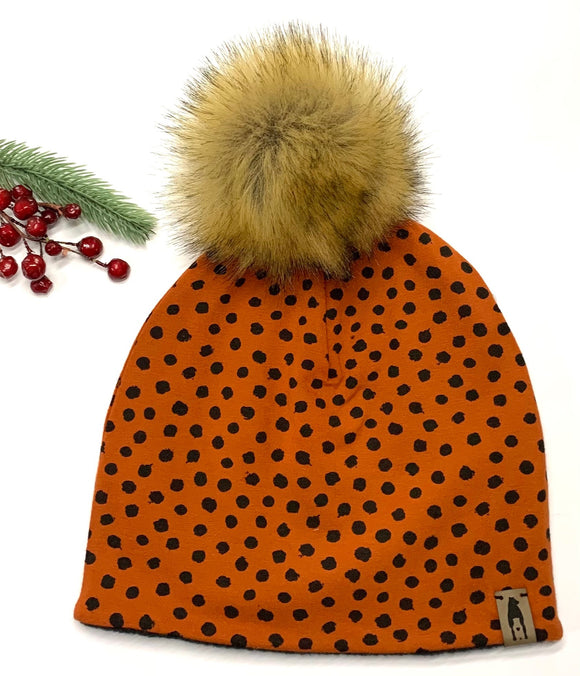 Fleece Lined Pompom Hat - Rust Polka Dots