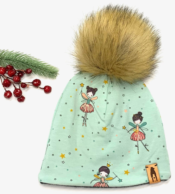 Fleece Lined Pompom Hat - Teal Fairies