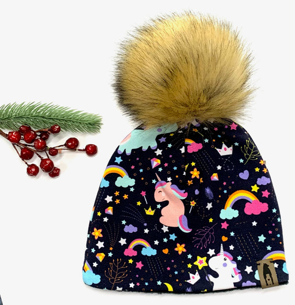 Fleece Lined Pompom Hat - Unicorns & Rainbows