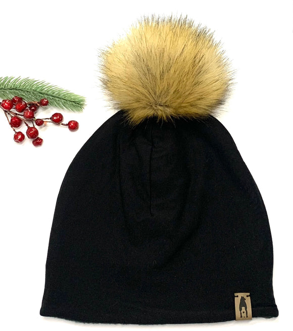 Fleece Lined Pompom Hat - Black