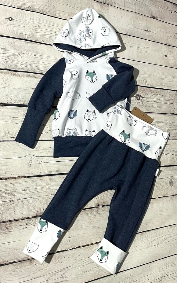 Grow-With-Me Hoodie & Pant Set - Animal Faces & Slate Blue