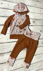 Grow-With-Me Hoodie & Pant Set - Chickens & Rust