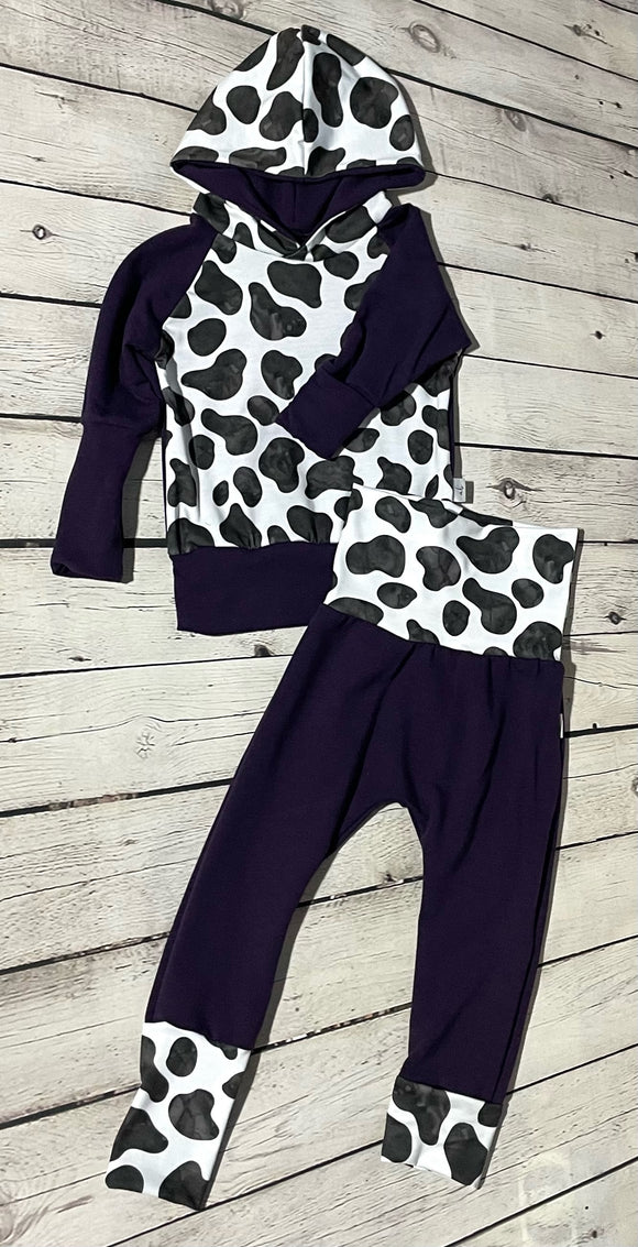 Grow-With-Me Hoodie & Pant Set - Cow Spots & Plum