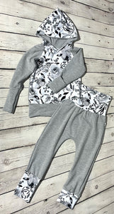 Grow-With-Me Hoodie & Pant Set - White with Black Roses & Light Grey