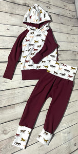 Grow-With-Me Hoodie & Pant Set - White with Horses & Burgundy