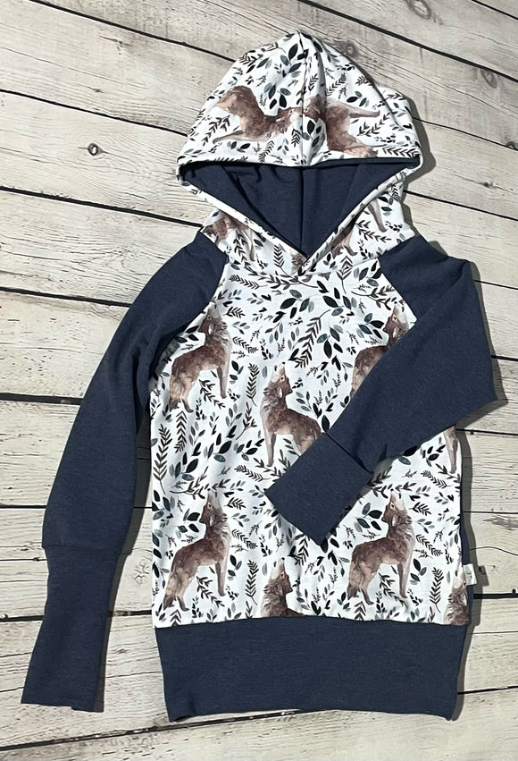 Grow-With-Me Hoodie - Wolf with Foliage & Slate Blue