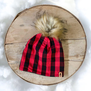 Fleece Lined Pompom Hat - Red Plaid