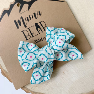 Oversized Bow with Clip - White with Teal & Pink