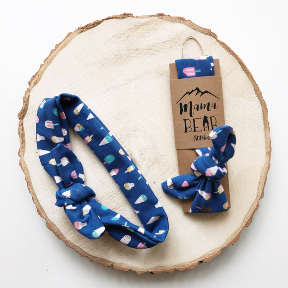 Knotted Headband - Blue & Ice Cream Cones